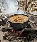 Viche, soup made with fish, peanuts, yuca, sweet plantains, corn, and other vegetables and spices.