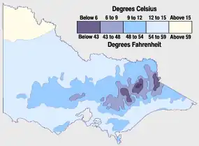 Average July maximum temperatures: Victoria's hills and ranges are coolest during winter. Snow also falls there.