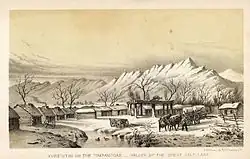 Drawing of small log buildings, with mountains in the background