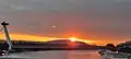 View of the Bridge of the Slovak National Uprising and sunset in Bratislava
