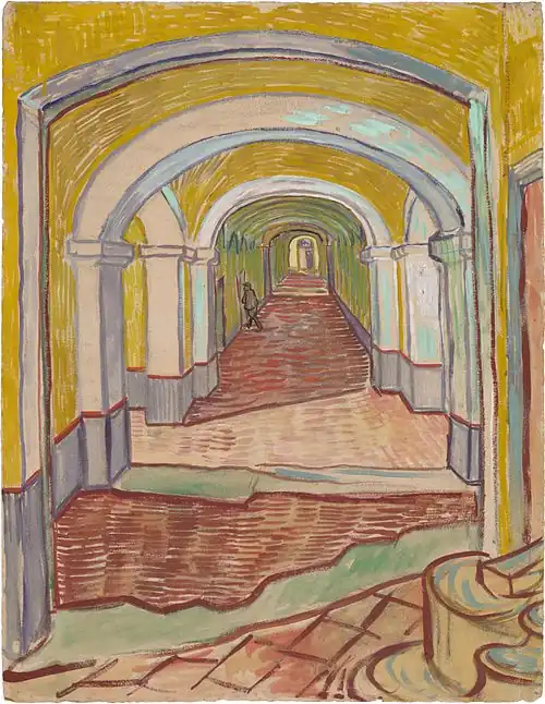 Corridor in Saint-Paul Hospital, Oil color and essence over black chalk on pink laid ("Ingres") paper 1889 The Metropolitan Museum of Art, New York (F1529)[20]