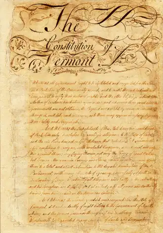 Image 6Vellum manuscript of the Constitution of Vermont, 1777. This constitution was amended in 1786, and again in 1793, two years after Vermont's admission to the federal union in 1791. See Constitution of Vermont (1777) and Constitution of Vermont. (from History of Vermont)