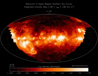 Image 60The distribution of ionized hydrogen (known by astronomers as H&nbsp;II from old spectroscopic terminology) in the parts of the Galactic interstellar medium visible from the Earth's northern hemisphere as observed with the Wisconsin Hα Mapper (Haffner et al. 2003) harv error: no target: CITEREFHaffnerReynoldsTufteMadsen2003 (help). (from Interstellar medium)
