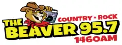 Logo with a beaver with a radio and the text The Beaver 95.7 / 1460 AM / Country · Rock