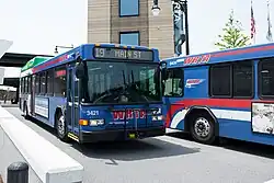 Two blue city buses