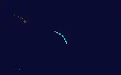 A track map of the path of a tropical storm over the Central Pacific Ocean