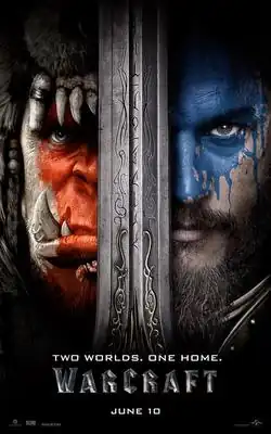 Two faces divided by a large sword, on the left a fang toothed orc with red facepaint, on the right a bearded man with blue facepaint.