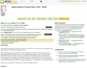 Screenshot of the WikiTree profile for Agnes Prowse with personal details and a biography.