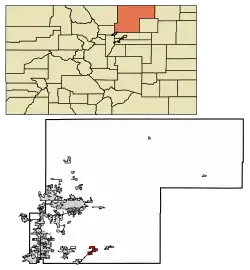 Location of Hudson in Weld County, Colorado.