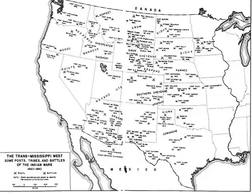 A black and white map of the Western United States showing fort, battle and tribe locations from 1860-1890.