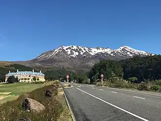Chateau Tongariro and Bruce Road (State Highway 48), with Mount Ruapehu in the background