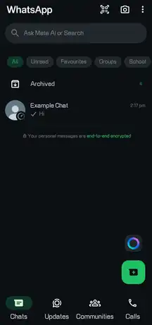 Screenshot depicting WhatsApp's home screen in 2025