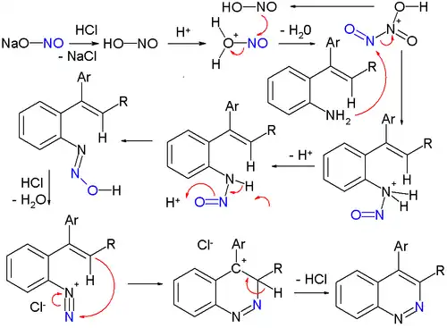 The sodium nitrite is first converted to nitrous acid and then dinitrogen trioxide. The latter electrophilically attacks the amine nitrogen to form a nitrosamine and then diazonium salt. Finally the diazonium closes a ring into the vinyl group.