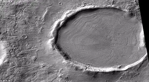 Crater showing concentric crater fill, as seen by CTX (on Mars Reconnaissance Orbiter). Location is Phaethontis quadrangle.