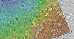 MOLA map showing Bamberg and other nearby craters. Color indicates elevation.