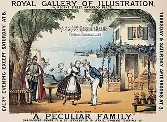 Theatre poster depicting young woman talking to old man, watched by spy in Prussian military uniform