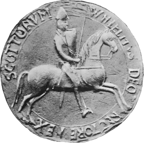 Greyscale photograph of the seal of William I, King of Scotland.