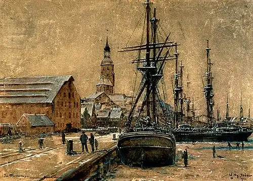 Painting (1923) (tempera on cardboard) "Winter Camp of the Sailors in Wolgast"