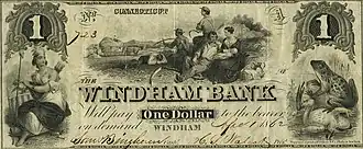 A greenish-hued $1 Windham Bank banknote from 1862