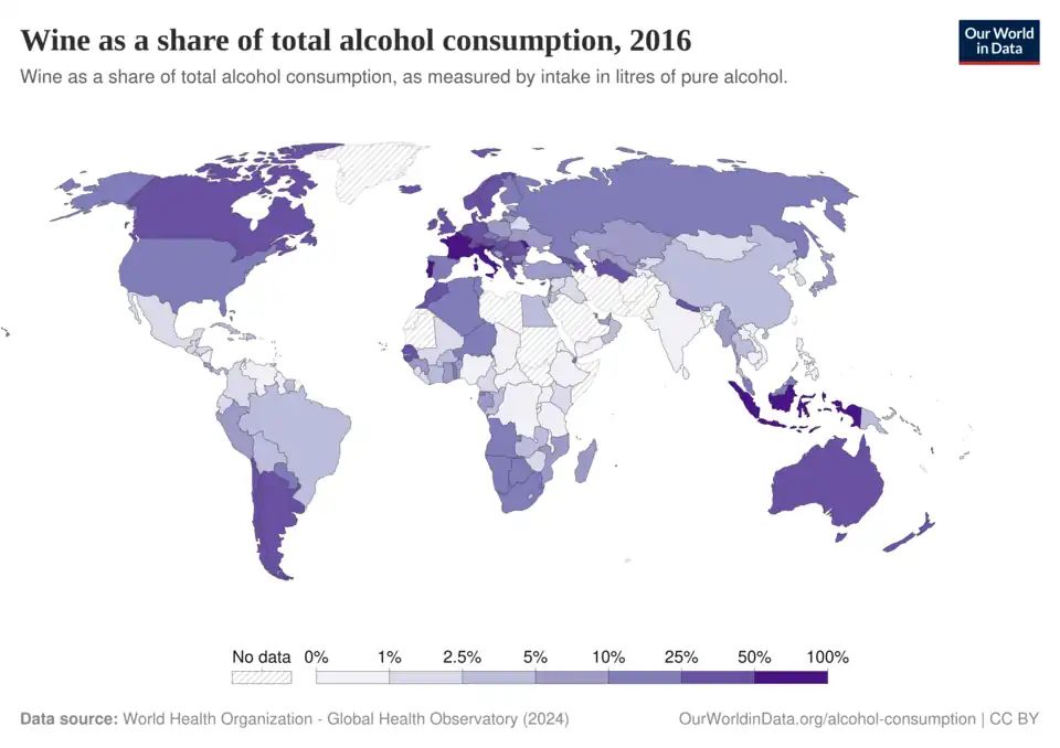 Wine as a share of total alcohol consumption, 2016