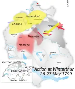 Outline map of northern Switzerland, showing location of armies in relation to one another; the French army is more than half encircled by the Austrians.