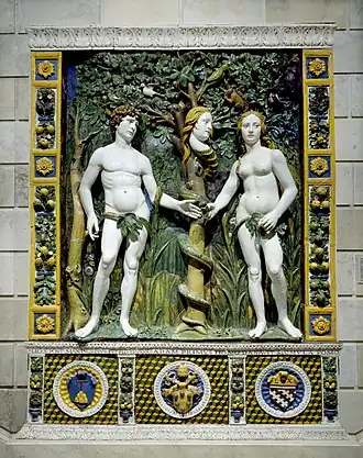 The snake in this piece, by the Workshop of Giovanni della Robbia, has a woman's face that resembles Eve's.[67]