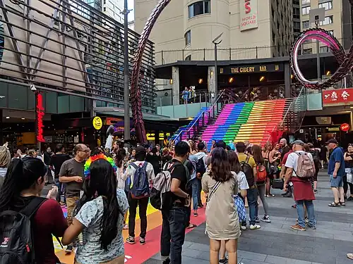 The centre of World Square during the Mardi Gras, 2019