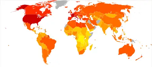 (Right) A world map with countries colored to reflect the food energy consumption of their people in 2001–2003. Consumption in North America, Europe, and Australia has increased with respect to previous levels in 1971. Food consumption has also increased substantially in many parts of Asia. However, food consumption in Africa remains low.