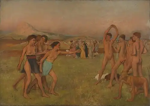 A painting of semi-nude youth playing and stretching in a field