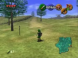 A screenshot of Link in 3D form standing in a field in Hyrule