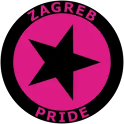 The logo depicts the black five-sided star tilted slightly to the left, the star is surrounded by the black circle. In the background, the star inside of the circle is colored pink, inside of the black circle in the same pink color there are letters spelling out "ZAGREB PRIDE". The five-sided star represents the five fingers of the worker's hand.