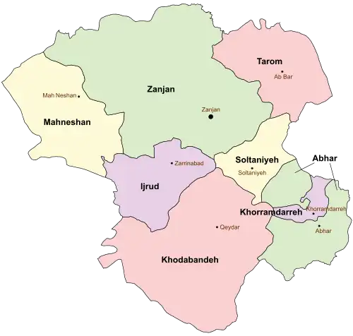 Location of Abhar County in&nbsp;Zanjan&nbsp;province (right, green)