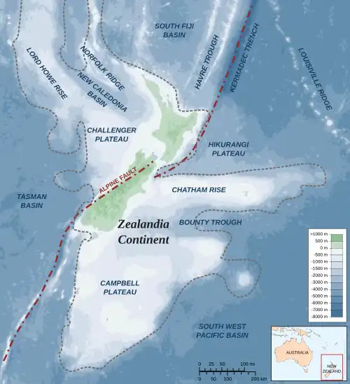 Image 46Topography of Zealandia, the submerged continent, and the two tectonic plates (from Geography of New Zealand)