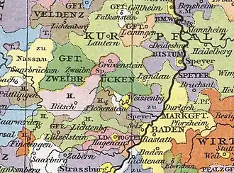 County of Nassau-Saarbrücken (yellow, left), about 1400