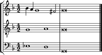 
    { 
      \override Score.SpacingSpanner.strict-note-spacing = ##t
  \set Score.proportionalNotationDuration = #(ly:make-moment 1/2)
    << \new StaffGroup <<
        \new Staff <<
            \set Score.tempoHideNote = ##t \tempo 2 = 60
            \set Staff.midiInstrument = #"voice oohs"
            \clef treble \time 4/2
            \relative c'' {
                \clef treble \time 4/2 \key g \dorian
                bes4 a g1 fis2 g\breve
                }
            >>
        \new Staff <<
            \set Staff.midiInstrument = #"voice oohs"
            \clef "treble_8" \time 4/2 \key g \dorian
            \new Voice \relative c' {
                g1 a g\breve
                }
            >>
        \new Staff <<
            \set Staff.midiInstrument = #"voice oohs"
            \clef bass \time 4/2 \key g \dorian
            \new Voice \relative c {
                es1 d g,\breve \bar "|."
                }
            >>
    >>
>> }
