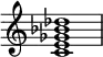 {
\override Score.TimeSignature #'stencil = ##f
\relative c' {
\clef treble
\time 4/4
<c e ges bes des>1
} }