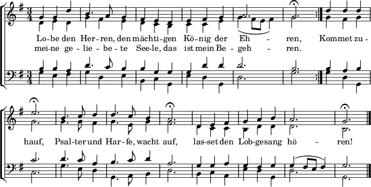 \header { tagline = ##f }
\layout { indent = 0
\context { \Score \remove "Bar_number_engraver" }
\context { \Voice \remove "Dynamic_engraver" }
}
global = { \key g \major \time 3/4 }
soprano = \relative c'' {
\global \autoBeamOff \set Staff.midiInstrument = "church organ"
\repeat volta 2 { g4 g d' | b4. a8 g4 | fis e d | e fis g | a2. | g2.\fermata | }
d'4 d d |e2.\fermata |
b4. c8 d4 | d4. c8 b4 | a2.\fermata |
d,4 e fis | g a b | a2. | g2.\fermata \bar "|."
}
alto = \relative c' {
\global
\repeat volta 2 { d4\mf e d | g fis e | d c b | c c e | g (fis8 e fis4) | g2. | }
g4 fis g | g2. |
g4. g8 fis4 | g4. e8 g4 | fis2. |
d4 c c | b d d | d2. | b2. \bar "|."
}
tenor = \relative c' {
\global
\repeat volta 2 { b4\mf b a | d4. c8 b4 | b g g | g d' d | d2. b2. | }
b4 a b | c2. |
d4. c8 a4 | b4. c8 d4 | a2. |
g4 g a | g fis g | g ( fis8 e fis4) | g2. \bar "|."
}
bass = \relative c {
\global
\repeat volta 2 { g'4\mf e fis | g d e | b c g | e' d g, | d'2. | g2. | }
g4 d g, | c2. |
g'4. e8 d4 | g,4. a8 b4 | d2. |
b4 c a | e' d g, | d'2. | g,2. \bar "|."
}
verse = \lyricmode {
Lo -- be den Her -- ren, den mäch -- ti -- gen Kö -- nig der Eh -- ren,
Kom -- met zu -- hauf,
Psal -- ter und Har -- fe, wacht auf,
las -- set den Lob -- ge -- sang hö -- ren!
}
verseR = \lyricmode { mei -- ne ge -- lie -- be -- te See -- le, das ist mein Be -- geh -- ren. }
\score {
\new ChoirStaff <<
\new Staff \with { midiInstrument = "choir aahs" }
<<
\new Voice = "soprano" { \voiceOne \soprano }
\addlyrics \verse
\addlyrics \verseR
\new Voice = "alto" { \voiceTwo \alto }
>>
\new Staff \with {
midiInstrument = "choir aahs"
} <<
\clef bass
\new Voice = "tenor" { \voiceOne \tenor }
\new Voice = "bass" { \voiceTwo \bass }
>>
>>
\layout { }
}
\score { \unfoldRepeats { << \soprano \\ \alto \\ \tenor \\ \bass >> }
\midi {
\tempo 4=108
}
}