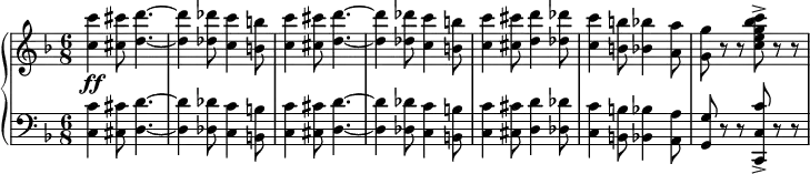 {
{ \new PianoStaff <<
\new Staff {
\relative c'' {
\set Score.tempoHideNote = ##t \tempo 4. = 120
\clef treble \time 6/8 \key f \major
<c c'>4\ff <cis cis'>8 <d d'>4.~
<d d'>4 <des des'>8 <c c'>4 <b b'>8
<c c'>4 <cis cis'>8 <d d'>4.~
<d d'>4 <des des'>8 <c c'>4 <b b'>8
<c c'>4 <cis cis'>8 <d d'>4 <des des'>8
<c c'>4 <b b'>8 <bes bes'>4 <a a'>8
<g g'>8 r r <c e g bes c>-> r r
}
}
\new Staff {
\relative c {
\clef bass \time 6/8 \key f \major
<c c'>4 <cis cis'>8 <d d'>4.~
<d d'>4 <des des'>8 <c c'>4 <b b'>8
<c c'>4 <cis cis'>8 <d d'>4.~
<d d'>4 <des des'>8 <c c'>4 <b b'>8
<c c'>4 <cis cis'>8 <d d'>4 <des des'>8
<c c'>4 <b b'>8 <bes bes'>4 <a a'>8
<g g'>8 r r <c, c' c'>-> r r
}
}
>> } }