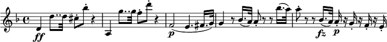\relative d' { \key d \minor \time 4/4
d4 \ff d'8.. d32 cis8-. bes'-. r4 | a,,4 g''8.. g32 f8-. d'-. r4
f,,2( \p e4. fis16. g32) | g4 r8 bes16.( a32) a8-. r r bes'16.( a32)
a8-. r r bes,16.( \fz a32) a16-. \p r g-. r f-. r e-.
}
\layout { \context {\Score
\override SpacingSpanner.common-shortest-duration = #(ly:make-moment 1/8) } }
