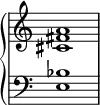 
\new PianoStaff <<
  \omit Score.TimeSignature
  \new Staff { <cis' fis' a'>1 }
  \new Staff { \clef bass <e bes>1 }
>>
