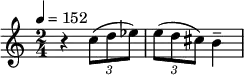 \relative c'' { \set Staff.midiInstrument = #"violin"
\tempo 4 = 152
\key c \major
\time 2/4
r4
\tuplet 3/2 { c8( d es) }
\tuplet 3/2 { e8( d cis) } b4--
}