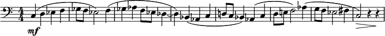 
\language "english"
\relative c''

{ \clef "bass"  
      \numericTimeSignature
       \tempo 4 = 63
  \set Staff.midiInstrument=#"cello"
   \time 4/4
     \set Score.tempoHideNote = ##t
      
       \tieDown
      c,,4(\mf d4 ef4 f4    % 1
      gf8 f8 ef2) f4(       % 2
      gf4 af4 f8 ef8 df4 ~  % 3
      df4) bf4( af4 c      % 4
      d!8 c8 bf4) af4( c4   % 5
      d8 e!8 f2) af4(       % 6
      g8 f8 ef2 fs4         % 7
      c2)\> r4 r4 \!        % 8
}

