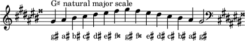 
\header { tagline = ##f }
scale = \relative a { \key gis \major \omit Score.TimeSignature
  gis'^"G♯ natural major scale" ais bis cis dis eis fisis gis fisis eis dis cis bis ais gis2 \clef F \key gis \major }
\score { { << \cadenzaOn \scale \context NoteNames \scale >> } \layout { } \midi { } }
