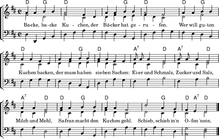 
\header { tagline = ##f }
\layout { indent = 0
  \context { \Score \remove "Bar_number_engraver" }
  \context { \Voice \remove "Dynamic_engraver" }
}
global = { \key d \major \time 2/2 }

kords = \chordmode { \set midiInstrument = "acoustic guitar (nylon)"
  \global \set chordChanges = ##t
  d,2\ppp g, | d,1 | d,2 g,2 | d,1 |
  \set chordChanges = ##f d,2 g, | d,1 | \set chordChanges = ##t d,2 g,2 | d,1 |
  a,2:7 d, | a,:7 d, | a,:7 d, |
  \set chordChanges = ##f d, g, | d,1 | \set chordChanges = ##t d,2 g, | d,4 a,4:7 d,2 \bar "|."
}

sopranoVoice = \relative c'' { \set midiInstrument = #"celesta"
  \global \autoBeamOff
  a4 a b b | a2  fis4 d | a' a b b | a2 fis2 |
  a4 a b b | a a fis4 d | a' a b b | a a fis fis |
  a8 a a4 fis2 | a8 a a4 fis2 | a4 a fis2 |
  a4 a b b | a a fis2 | d' a4 g | fis e d2 \bar "|."
}

altovoice = \relative c' { \global
  fis2\ppp d | fis cis | d4 fis d e | fis d cis2 |
  d fis | cis cis | d4 fis d e | fis d cis2 |
  d4 cis d2 | d4 cis d2 | d4 cis d2 |
  fis4 cis d e | fis d cis2 |
  d cis4 d | cis2 d2 \bar "|."
}

tenorvoice = \relative c { \global
  d4\pp d, g b | d fis a g | fis d b g | d' fis a g |
  fis e d b | fis' g a g | fis d b g | d' fis a g |
  fis a b2 | fis4 a b2 | fis4 a d,2 |
  d4 fis b, g | d' fis a g |
  fis a fis d | <g a,>2 <fis d> \bar "|."
}

verse = \lyricmode {
  Ba -- cke, ba -- cke Ku -- chen,
  der Bä -- cker hat ge -- ru -- fen.
  Wer will gu -- ten Ku -- chen ba -- cken,
  der muss ha -- ben sie -- ben Sa -- chen:
  Ei -- er und Schmalz,
  Zu -- cker und Salz,
  Milch und Mehl,
  Sa -- fran macht den Ku -- chen gehl.
  Schieb, schieb in'n O -- fen 'nein.
}

\score {
  \new ChoirStaff <<
    \new ChordNames { \kords }
    \new Staff
    <<
      \new Voice = "soprano" { \voiceOne \sopranoVoice }
      \addlyrics { \verse }
      \new Voice = "alto" { \voiceTwo \altovoice }
    >>
    \new Staff
    <<
      \clef bass
      \new Voice = "tenor" { \tenorvoice }
    >>
  >>
  \layout { }
}
\score { << \kords \\ \sopranoVoice \\ \altovoice \\ \tenorvoice >>
  \midi {
    \tempo 2=90
    \context { \Staff \remove "Staff_performer" }
    \context { \Voice \consists "Staff_performer" }
  }
}
% Chords from Commons score; accompaniment from ingeb.org
