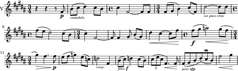 

{ \new PianoStaff 
  <<
\new Staff  \with { instrumentName="V"}
  \relative c'
{ 
  \set Score.tempoHideNote = ##t  \tempo 2 = 30
  \set Staff.midiInstrument = #"string ensemble 1" 
  \set Staff.midiMinimumVolume = 0.2
  \set Staff.midiMaximumVolume = 0.7
  \key b  \major
  \clef treble
  \time 3/4 r4 r r8 fis8\p |
  b_\markup {\italic \teeny "cantabile" }\=1( cis dis4\=1) cis8 b |
  \time 4/4 cis4 fis,2~ fis8 fis |
  \time 3/4 fis\=1( gis b4\=1) cis8\=2( fis,8\=2) |
  dis'2_\markup {\italic \teeny "un poco cresc"}~dis8 dis8 |
  \time 4/4 fis\=1( e dis2\=1) cis8\=2( b |
  \time 3/4 cis4\=2) fis,2~ |
  fis8 fis4 gis8 b[\=1( gis]\=1) |
  dis'4\< cis~ cis8 fis\! |
  \time 4/4 fis\f\=1( gis a2\=1)\< gis8\=1( fis\! |
  \time 3/4 gis4\=1)\> fis4. fis8\!\p |
  e\=1( fis g4\=1) e8\=1( c\=1) |
  d2_\markup {\italic \teeny "cresc." } fis,4 |
  b8_\markup {\italic \teeny "poco" \bold \italic f} ( cis) d4 cis8( b) |
  \tuplet 3/2 {cis( e cis} fis,4.)\< fis8\! |
  fis(_\markup {\italic \teeny "poco" \italic \teeny \bold sfp} gis b dis) (cis\mordent b) |
  fis'2\< gis4\! |
}
  >>
}
