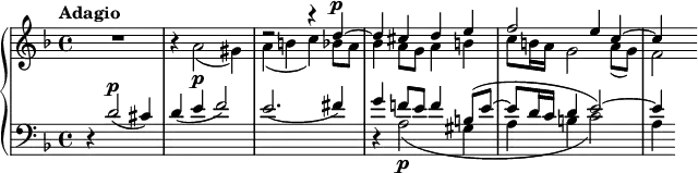 
    { \new PianoStaff <<
        \new Staff <<
            \tempo Adagio
            \set Staff.midiInstrument = #"clarinet"
            \new Voice \relative c'' {
                \set Score.tempoHideNote = ##t \tempo 4 = 46
                \stemUp \clef treble \key d \minor \time 4/4
                s1 s1 r2 r4 d^\p^~ d cis d e f2 e4 c^~ c4
                }
            \new Voice \relative c'' {
                \stemDown
                R1 r4 a2\p_( gis4) a_( b c) bes8 a bes4 a8 g a4 b c8 b16 a g2 a8_( g) f2
                }
            >>
        \new Staff <<
            \set Staff.midiInstrument = #"bassoon"
            \mergeDifferentlyHeadedOn
            \mergeDifferentlyDottedOn
            \new Voice \relative c' {
                \stemUp \clef bass \key d \minor \time 4/4
                r4 d2^\markup {\dynamic p}( cis4) d( e f2) e2.( fis4) g f!8 e f4 b,8^( e^~ e8 d16 c d4 e2^~) e4
                }
            \new Voice \relative c' {
                \stemDown
                s1 s1 s1 r4 a2\p_( gis4 a b c2) a4
                }
            >>
    >> }
