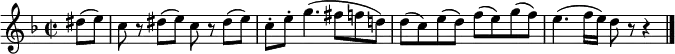 \relative c'' {
\time 2/2 \key f \major
\partial 4 dis8( e) |
\repeat unfold 2 { c8 r dis( e) } |
c8-. e-. g4.( fis8 f d!) |
d8( c) e( d) f( e) g( f) |
e4.( f16 e) d8 r r4 | \bar "|."
}