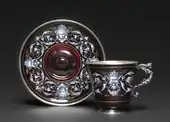 French cup and saucer, decorated with Renaissance ornaments; 1880–1900; enamel and silver; overall: 6.5 x 8.5 x 6.5&nbsp;cm; Cleveland Museum of Art