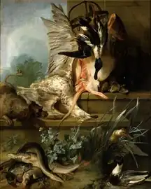 Still Life with a Spaniel Chasing Ducks "Water" (1719), 141 x 114&nbsp;cm., Nationalmuseum