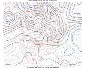 A prognostic chart of the North American continent provides geopotential heights, temperatures, and wind velocities at regular intervals. The values are taken at the altitude corresponding to the 850-millibar pressure surface.